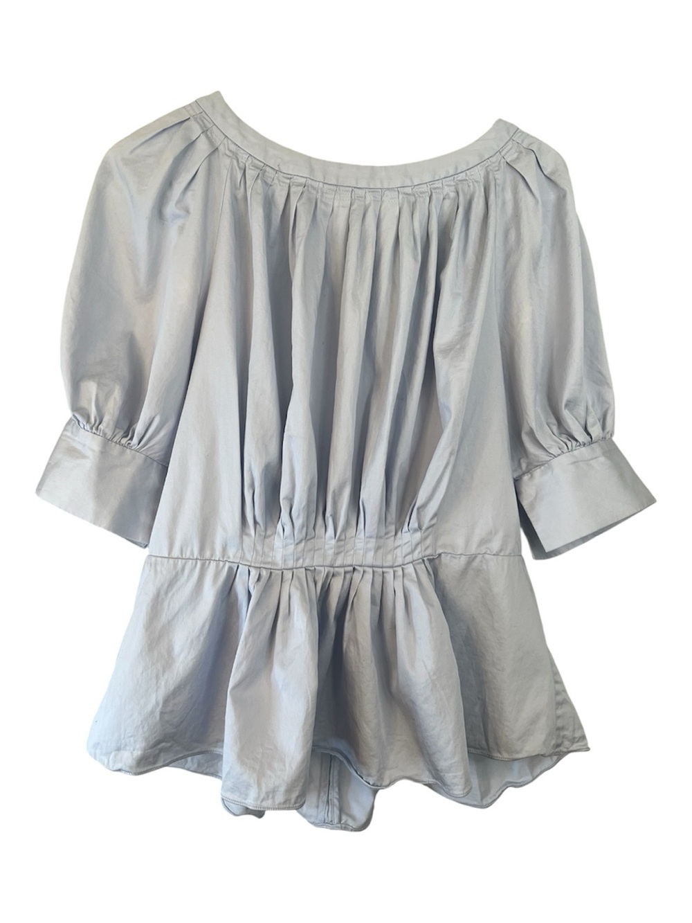 Lewit fairy Light Blue Cotton Peplum Puff-Sleeve Women's Top